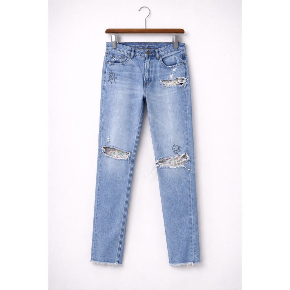 American Eagle x Keith Haring Light Blue Denim Distressed Mom Jeans 4 Reg